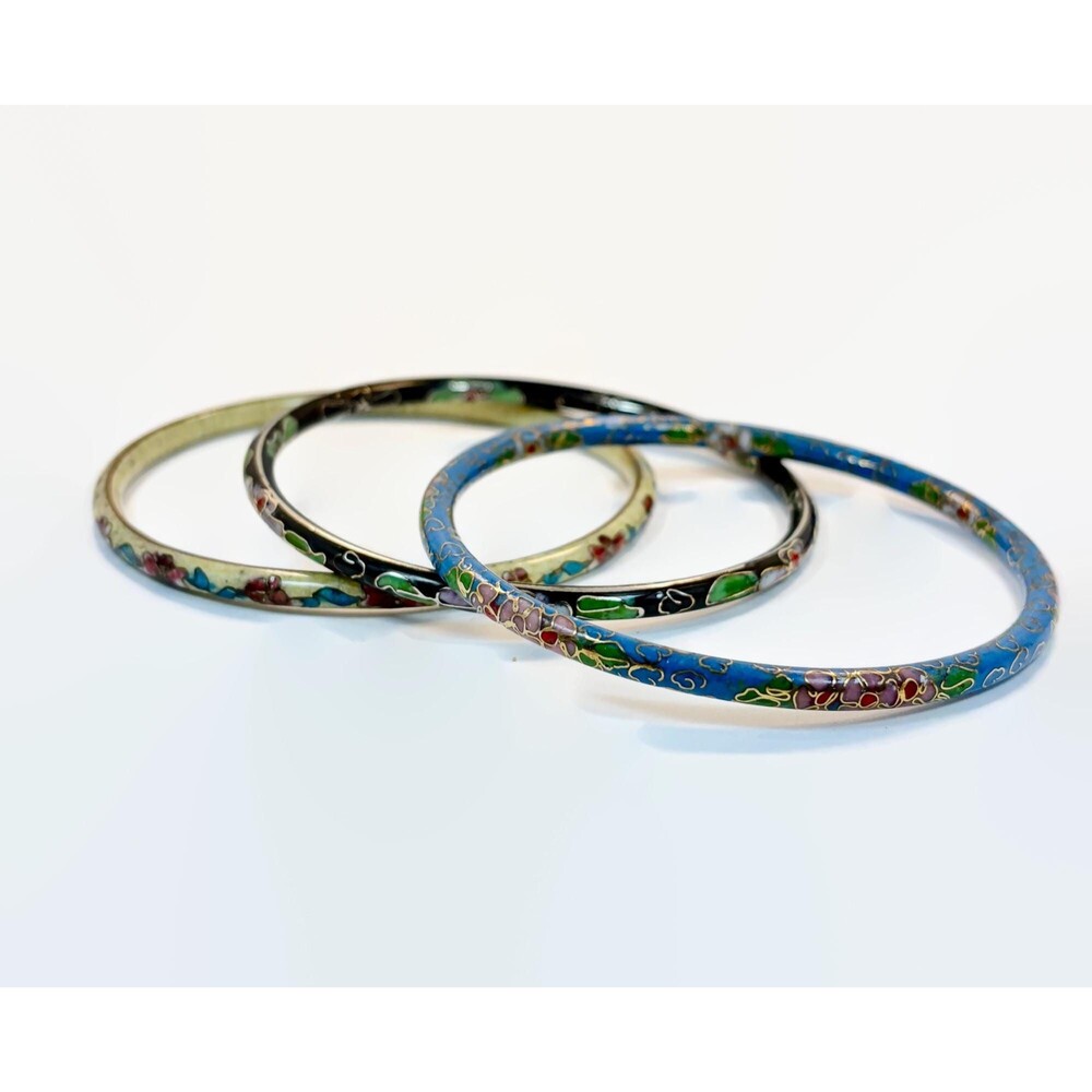 Vintage Asian Cloisonne Bangle Bracelets, Bohemian Stack Set, Blue Black Flower - Picture 6 of 6